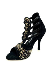 Carica immagine nella Galleria, Carola Leopard (460PW) - Sandalo da Donna in Camoscio Nero con Livrea Leopardo in borchiette Oro e Marroni e Swarovski Neri e tacco a spillo rivestito in Camoscio Nero