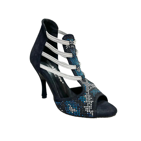 Sandalo da Donna in Camoscio Blu notte Livrea Vipera in borchiette bianche e Nere e Swarovski blu Elastici, vista laterale