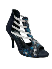 Load image into Gallery viewer, Viper Blu (460PW) - Woman's Sandal in Midnight Blue Suede with livery in blue and white studs and Silver Elastics and stiletto heel Covered in Midnight Blue Suede