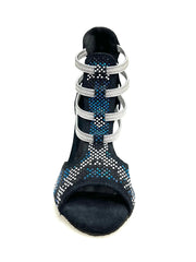 Carica immagine nella Galleria, Viper Blu (460PW) - Sandalo da Donna in Camoscio Blu notte Livrea Vipera in borchiette bianche e Nere e Swarovski blu Elastici Argento e tacco a spillo Rivestito Camoscio Blu Notte Wish Dance Shop