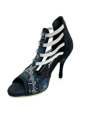 Carica immagine nella Galleria, Viper Blu (460PW) - Sandalo da Donna in Camoscio Blu notte Livrea Vipera in borchiette bianche e Nere e Swarovski blu Elastici Argento e tacco a spillo Rivestito Camoscio Blu Notte Wish Dance Shop