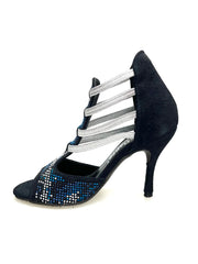 Carica immagine nella Galleria, Viper Blu (460PW) - Sandalo da Donna in Camoscio Blu notte Livrea Vipera in borchiette bianche e Nere e Swarovski blu Elastici Argento e tacco a spillo Rivestito Camoscio Blu Notte Wish Dance Shop