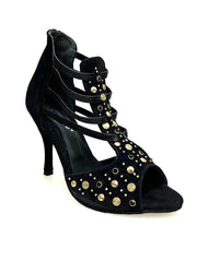 Carica immagine nella Galleria, Swann Elizabeth Pirata (460PW) - Sandalo da Donna in Camoscio Nero con Borchie Oro e Swarovski neri incastonati e Tacco a Spillo Rivestito Camoscio Nero Wish Dance Shop