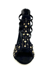 Carica immagine nella Galleria, Swann Elizabeth Pirata (460PW) - Sandalo da Donna in Camoscio Nero con Borchie Oro e Swarovski neri incastonati e Tacco a Spillo Rivestito Camoscio Nero Wish Dance Shop