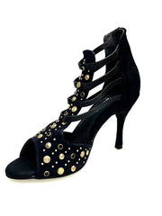 Carica immagine nella Galleria, Swann Elizabeth Pirata (460PW) - Sandalo da Donna in Camoscio Nero con Borchie Oro e Swarovski neri incastonati e Tacco a Spillo Rivestito Camoscio Nero