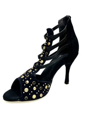 Carica immagine nella Galleria, Swann Elizabeth Pirata (460PW) - Sandalo da Donna in Camoscio Nero con Borchie Oro e Swarovski neri incastonati e Tacco a Spillo Rivestito Camoscio Nero Wish Dance Shop