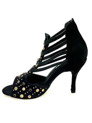 Carica immagine nella Galleria, Swann Elizabeth Pirata (460PW) - Sandalo da Donna in Camoscio Nero con Borchie Oro e Swarovski neri incastonati e Tacco a Spillo Rivestito Camoscio Nero