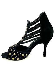 Carica immagine nella Galleria, Swann Elizabeth Pirata (460PW) - Sandalo da Donna in Camoscio Nero con Borchie Oro e Swarovski neri incastonati e Tacco a Spillo Rivestito Camoscio Nero Wish Dance Shop