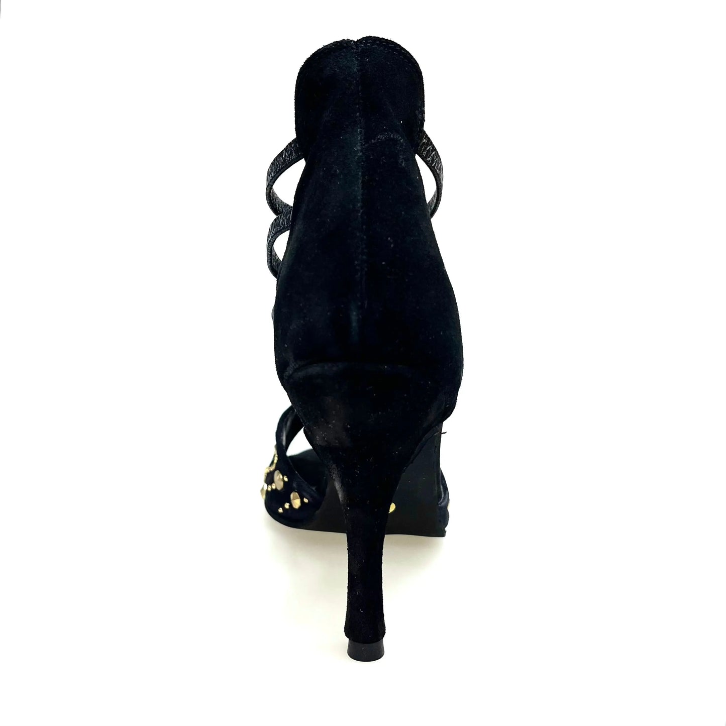 Sandalo da donna Swann Elizabeth Pirata Wish Dance Shop in camoscio nero con borchie oro, Swarovski neri e tacco a spillo rivestito.