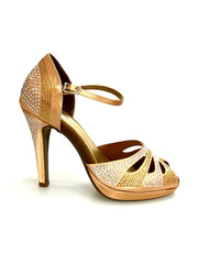 Carica immagine nella Galleria, Alexa (LP4) - Scarpa da Ballo in Raso Seta Carne Flesh Con Swarovski Boreali e Beige con Tacco alto a Spillo largo e Plateau Confort Flex