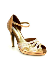 Carica immagine nella Galleria, Alexa (LP4) - Scarpa da Ballo in Raso Seta Carne Flesh Con Swarovski Boreali e Beige con Tacco alto a Spillo largo e Plateau Confort Flex
