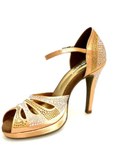 Carica immagine nella Galleria, Alexa (LP4) - Scarpa da Ballo in Raso Seta Carne Flesh Con Swarovski Boreali e Beige con Tacco alto a Spillo largo e Plateau Confort Flex