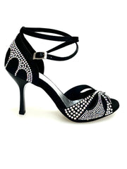 Carica immagine nella Galleria, Deluxe Butterfly (L2) - Scarpa da Ballo in Raso Seta Nera con Swarovski Boreali e Tacco a Stiletto Squadrato Smaltato Nero