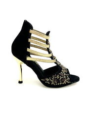 Carica immagine nella Galleria, Carola Leopard Gold (460PW) - Sandalo da Donna in Camoscio Nero Elastici Oro con Livrea Leopardo in borchiette Oro e Marroni e Swarovski Neri e tacco a spillo laminato Oro