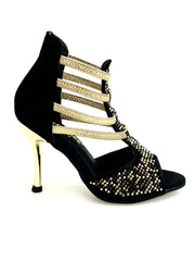 Carica immagine nella Galleria, Carola Leopard Gold (460PW) - Sandalo da Donna in Camoscio Nero Elastici Oro con Livrea Leopardo in borchiette Oro e Marroni e Swarovski Neri e tacco a spillo laminato Oro