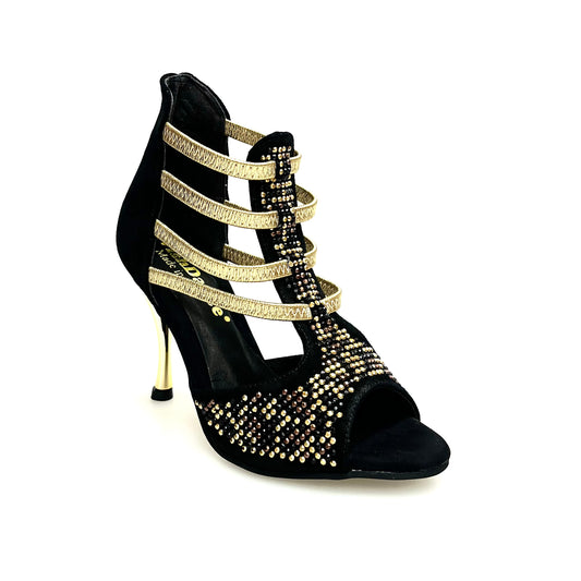 Sandalo donna Carola Leopard Gold di Wish Dance Shop, camoscio nero, elastici oro, dettagli borchiette e Swarovski, tacco a spillo oro