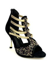 Carica immagine nella Galleria, Carola Leopard Gold (460PW) - Sandalo da Donna in Camoscio Nero Elastici Oro con Livrea Leopardo in borchiette Oro e Marroni e Swarovski Neri e tacco a spillo laminato Oro