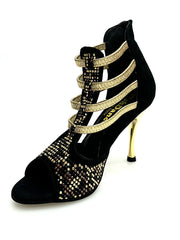 Carica immagine nella Galleria, Carola Leopard Gold (460PW) - Sandalo da Donna in Camoscio Nero Elastici Oro con Livrea Leopardo in borchiette Oro e Marroni e Swarovski Neri e tacco a spillo laminato Oro