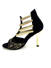 Carica immagine nella Galleria, Carola Leopard Gold (460PW) - Sandalo da Donna in Camoscio Nero Elastici Oro con Livrea Leopardo in borchiette Oro e Marroni e Swarovski Neri e tacco a spillo laminato Oro