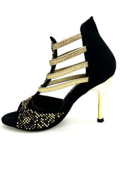 Carica immagine nella Galleria, Carola Leopard Gold (460PW) - Sandalo da Donna in Camoscio Nero Elastici Oro con Livrea Leopardo in borchiette Oro e Marroni e Swarovski Neri e tacco a spillo laminato Oro