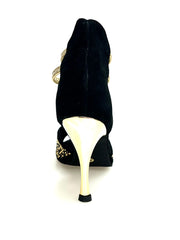 Carica immagine nella Galleria, Carola Leopard Gold (460PW) - Sandalo da Donna in Camoscio Nero Elastici Oro con Livrea Leopardo in borchiette Oro e Marroni e Swarovski Neri e tacco a spillo laminato Oro