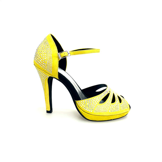 Scarpa da Ballo Camoscio Giallo Fluò Con Swarovski Boreali Tacco Alto Spillo Largo e Platò Confort Flex, vista laterale