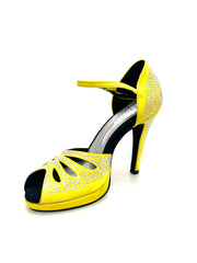 Carica immagine nella Galleria, Alexa (LP4) - Scarpa da Ballo Camoscio Giallo Fluò Con Swarovski Boreali Tacco Alto Spillo Largo e Platò Confort Flex