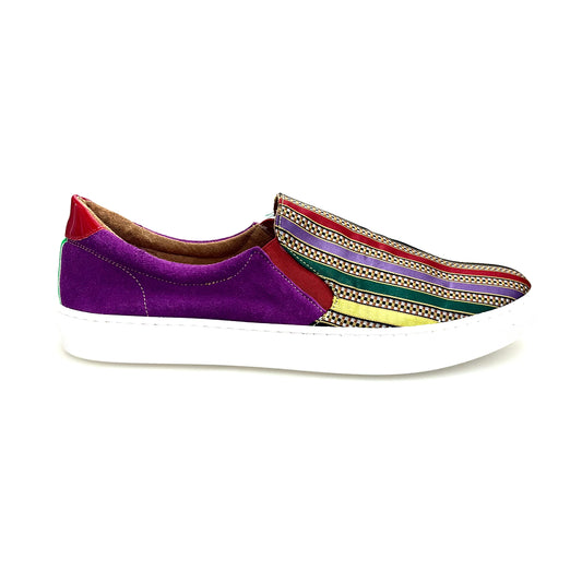 Mocassino super flex Rojas Slip Iris Flex in camoscio viola con tessuto a righe multicolore, suola in resina di gomma nera.