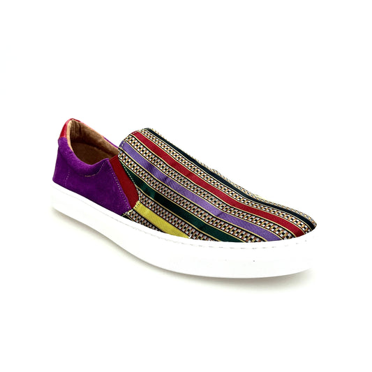 MOCASSINO SUPER FLEX IN CAMOSCIO VIOLA ABBINATO A TESSUTO TRASPIRANTE A RIGHE MULTICOLORE SUOLA CON CASSETTA, vista laterale