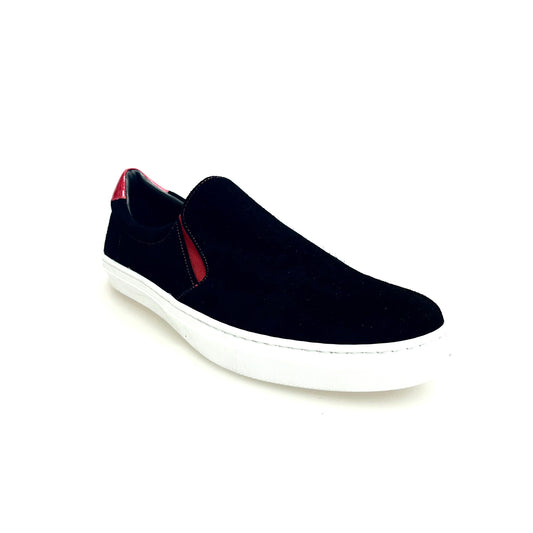 MOCASSINO SUPER FLEX EXTRACONFORT IN CAMOSCIO NERO CON CASSETTA IN RESINA DI GOMMINA BIANCA FLEX ROJAS Slip, vista laterale