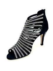 Carica immagine nella Galleria, ELSY Plus (L7) - Sandalo a Tronchetto Da Donna in Raso Seta Nero Con Swarovski Boreali e Tacco a Spillo Largo Basso