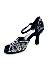 Carica immagine nella Galleria, DADA Diamond (L5) - Scarpa da Ballo in Raso Seta Nero Con Swarovski Boreali e Tacco a Rocchetto