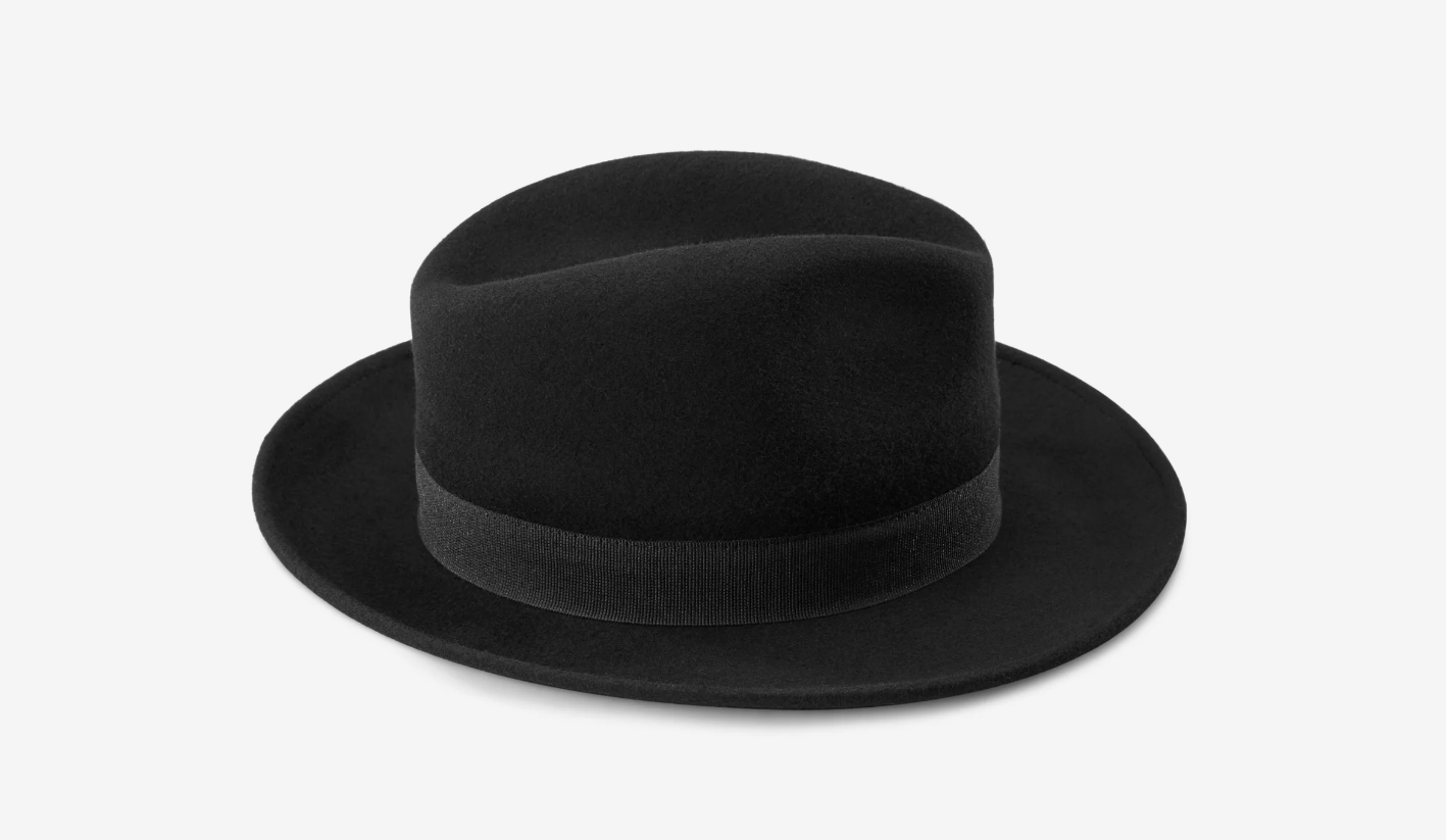 Cappello fedora in feltro di lana nero con fascia nera e fodera in raso, stile elegante e classico.