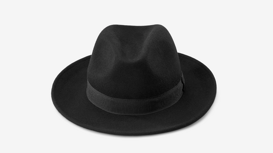Cappello fedora in feltro di lana nero con fascia nera e fodera in raso, stile elegante e classico.