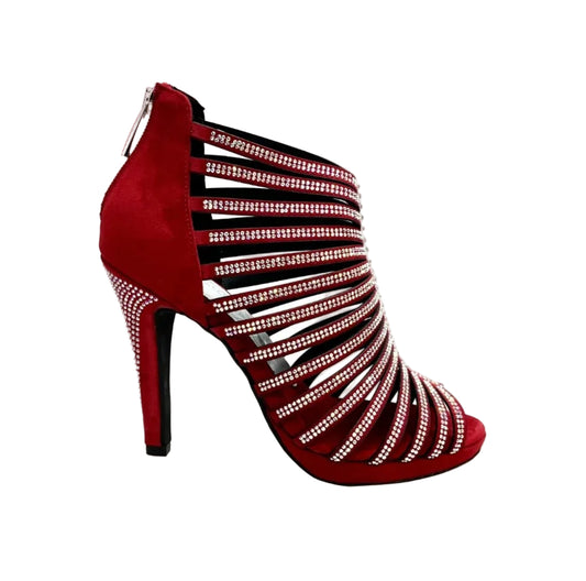 Sandalo a tronchetto donna ELSY Plus in camoscio rosso con Swarovski Boreali, plateau e tacco alto a spillo largo.