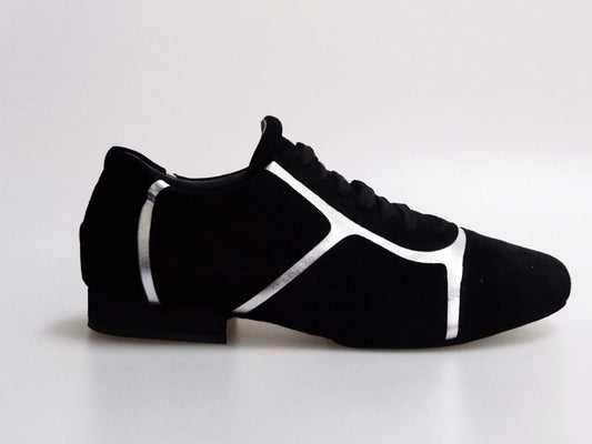 Sneaker Antony 115 da uomo in camoscio nero con inserti in pelle argento, profili bianchi, scarpa casual elegante.