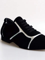 Load image into Gallery viewer, Sneaker Antony 115 da uomo in camoscio nero con inserti in pelle argento, profili bianchi, scarpa casual Wish Dance Shop