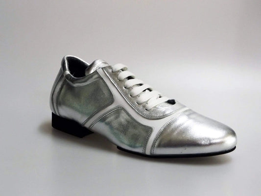 Sneaker Antony 115 da uomo in pelle argento con inserti in vernice bianca, scarpa casual di Wish Dance Shop