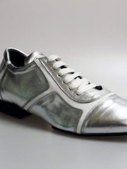 Load image into Gallery viewer, Sneaker Antony 115 da uomo in pelle argento con inserti in vernice bianca, scarpa casual di Wish Dance Shop