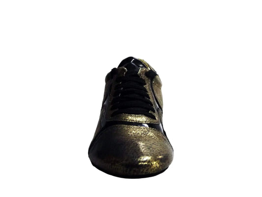 Scarpa stringata Outlet in pelle velour bronzo con dettagli in vernice nera, stile elegante e moderno.