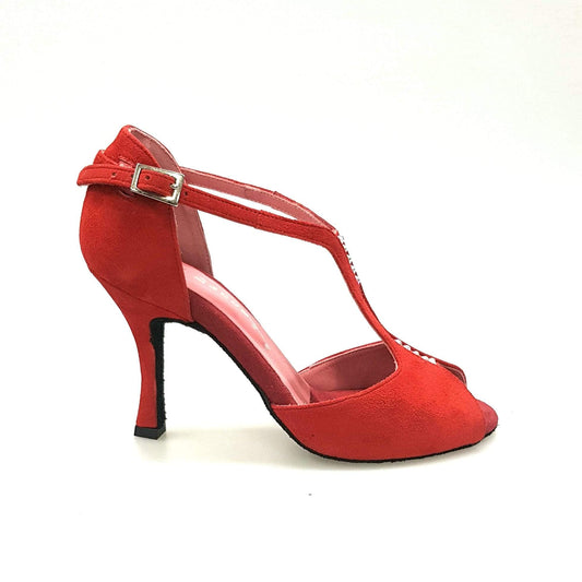 Scarpa da donna in camoscio rosso Terry 169B di Wish Dance Shop, vista laterale con dettaglio in camoscio.