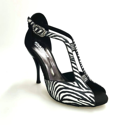 Sandalo donna Wish Dance Shop ELIDE (401) in raso seta zebrato con tallone in camoscio nero, elegante e comodo.
