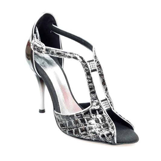 Sandalo donna Fascino 401 in Dundee nero con tallone in vernice nera, scarpa elegante in pelle sintetica.
