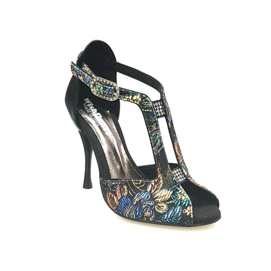 Sandalo da donna Fascino (401) in velluto nero con dettaglio lurex e tallone in lurex nero, scarpa elegante Wish Dance Shop