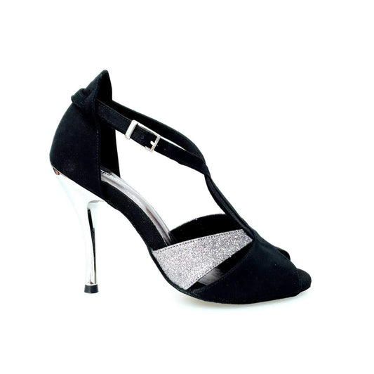 Scarpa da donna Anastasia (403) in camoscio nero e glitter carbon, con suola elegante e design raffinato.
