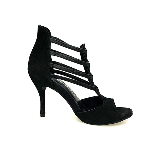 Sandalo donna Lilith (460) in camoscio nero di Wish Dance Shop con tacco a spillo, vista laterale e dettagli eleganti