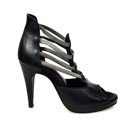 Sandalo donna Lilith Wish Dance Shop in pelle nera con elastici argentati e plateau, scarpa elegante con design moderno.