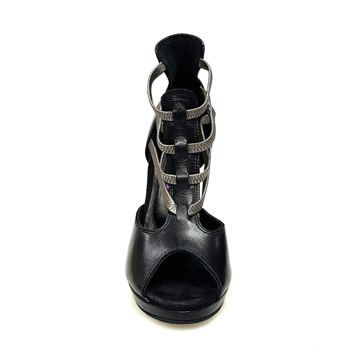 Sandalo da donna Lilith Wish Dance Shop in pelle nera con elastici argento e plateau, scarpa elegante e comoda.