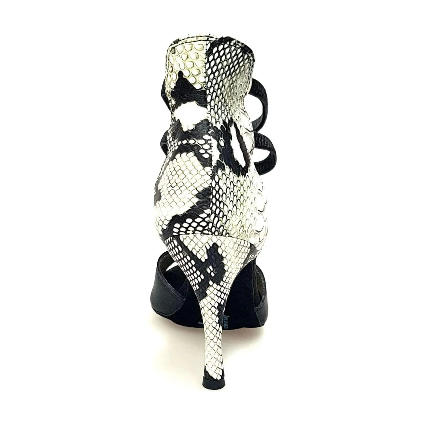Sandalo donna Lilith (460) in pelle nera con tacco in pitone bianco-verde, scarpa elegante di Wish Dance Shop.