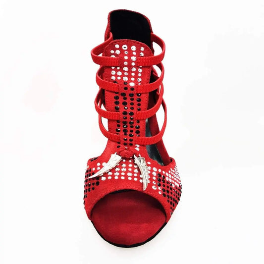 Sandalo da Donna in Camoscio Rosso Con Borchiette Nere/Argento e Zanne in metallo e tacco a spillo rivestito, vista laterale